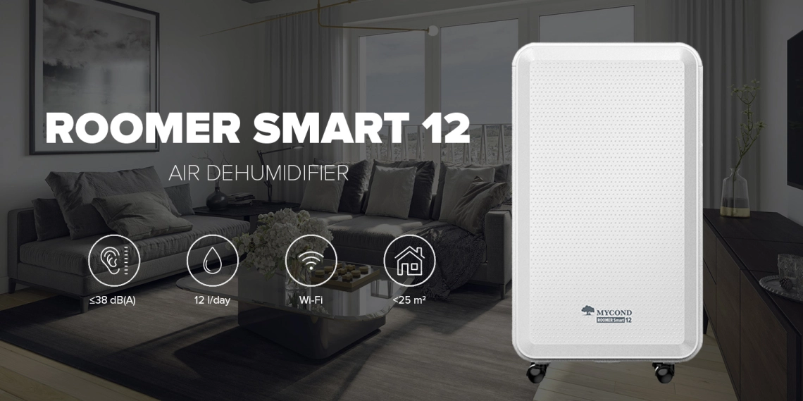 Roomer Smart 12 dehumidifier removing 12L of moisture per day in a 25m2 space with Wi-Fi control feature.