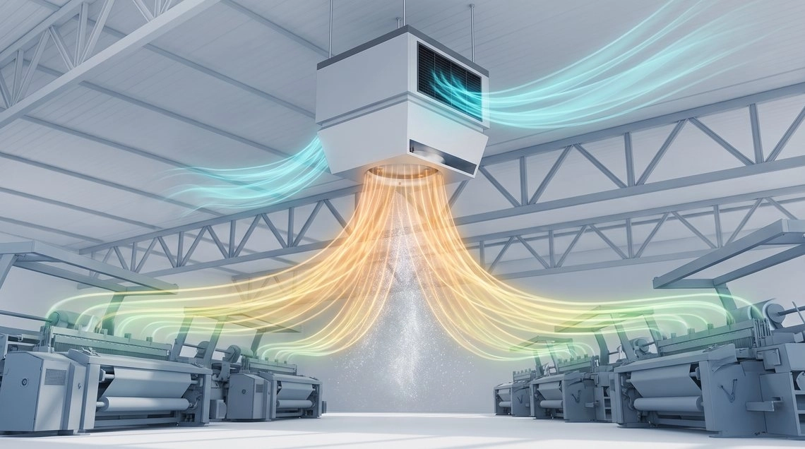 Airflow and mist distribution from a Mycond OXA-HD unit in a textile hall