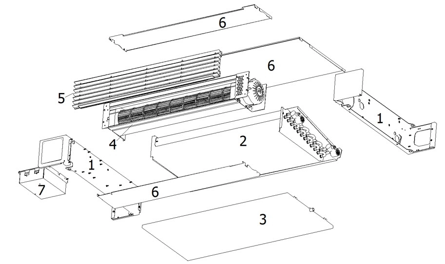 Internal components of the Silver Glass series floor-standing fan coil.