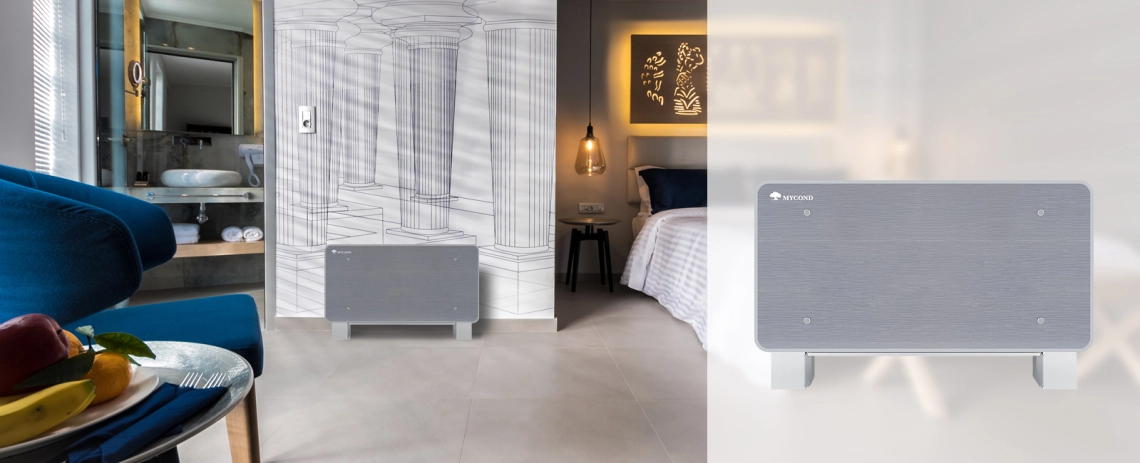 A modern floor-standing fan coil unit from the Silver Glass series.