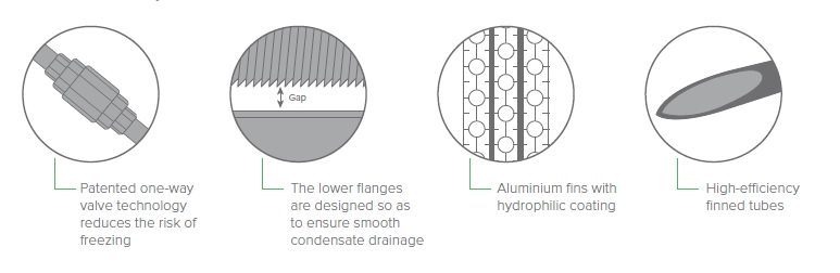 The modular heat pump with technology preventing ice formation on the V-shaped heat exchanger.