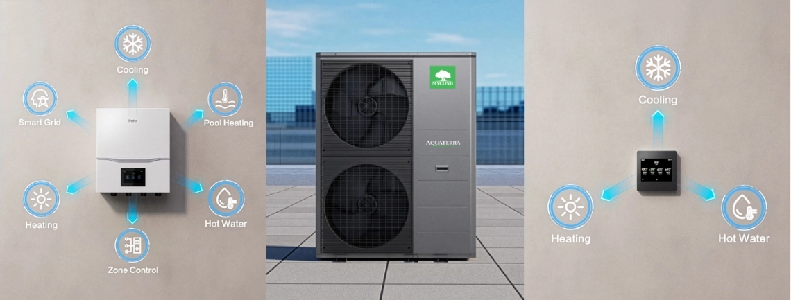 Mycond Aquaterra series heat pump with control modules for heating, cooling, hot water, pool heating and smart grid