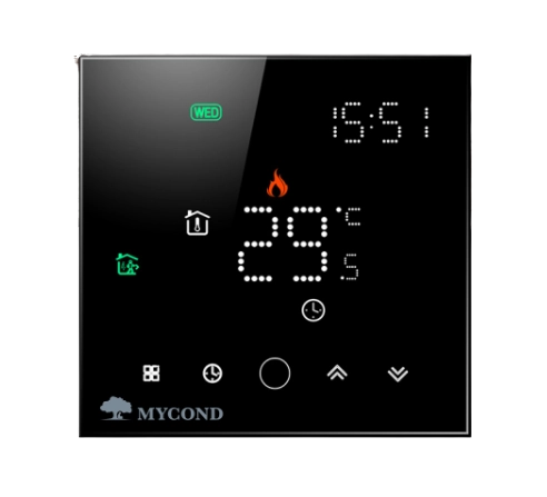 Display of Mycond Block thermostat showing room temperature, active mode, and control options.