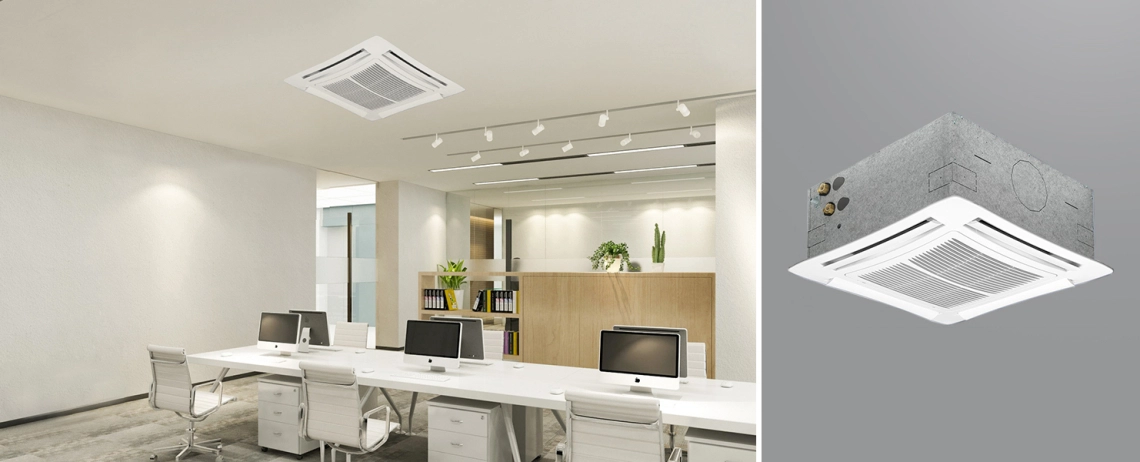 High-efficiency TopLine fan coil unit in an office setting designed for uniform air distribution and quiet operation.