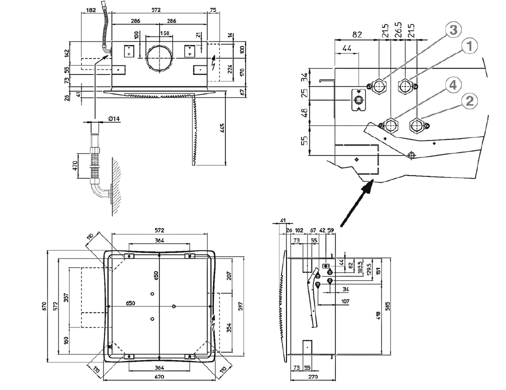 Dimensions and specifications of the TopLine four-way cassette-type fan coil unit.
