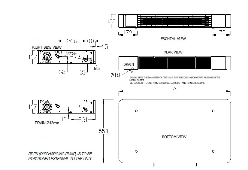 Dimensions of Silver Glass series floor-standing fan coil unit.