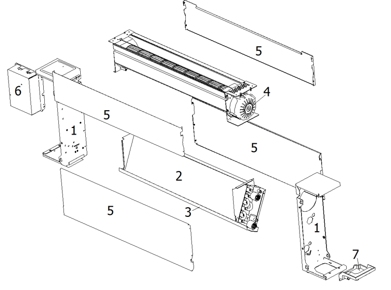 Schematic representation of a sleek, ultra-thin fan coil unit with a glass front panel.