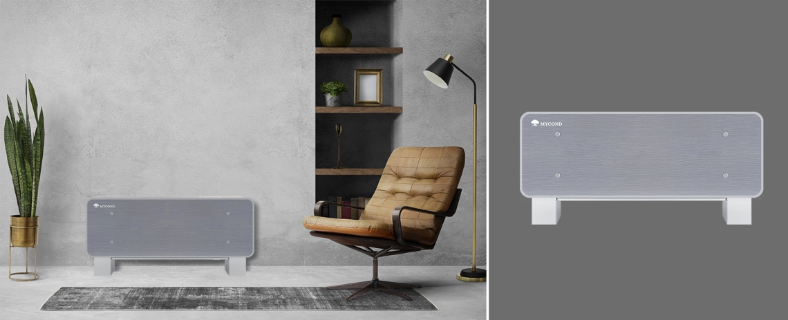 Stylish ultra-thin fan coil unit with silver glass finish.