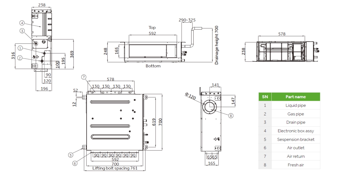 Diagram showing dimensions of ESP duct with inbuilt UV-C emitter for air sterilization.
