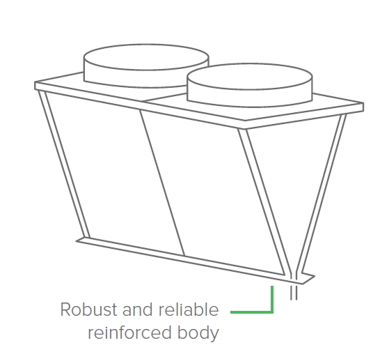 The V-shaped air heat exchanger enhances airflow and heat transfer efficiency.