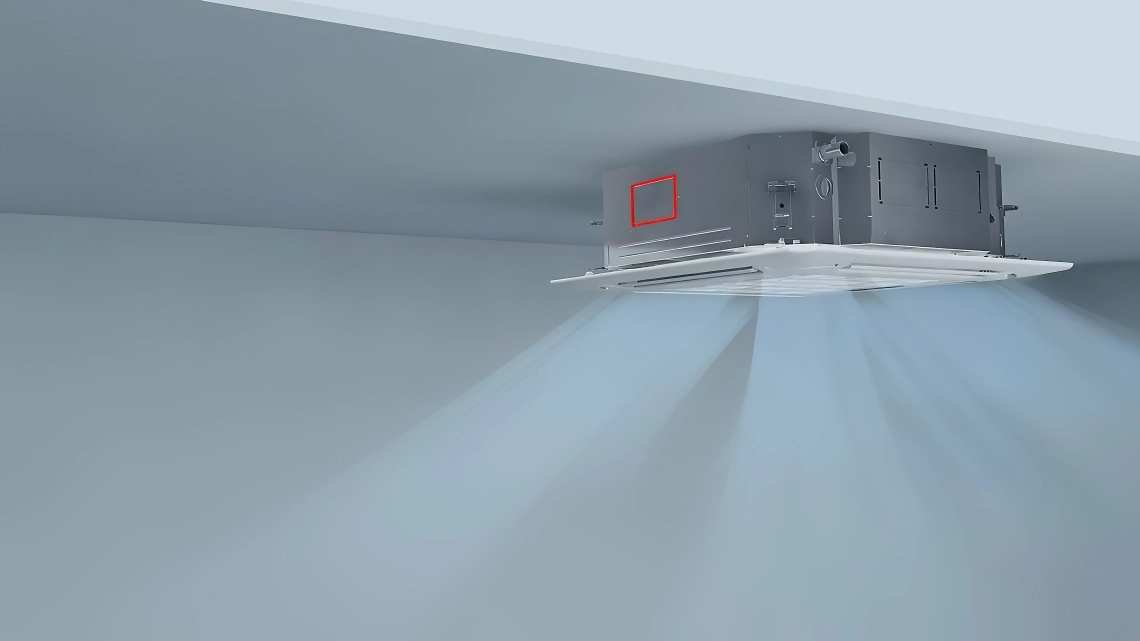 Ceiling-mounted four-way cassette for efficient air distribution.