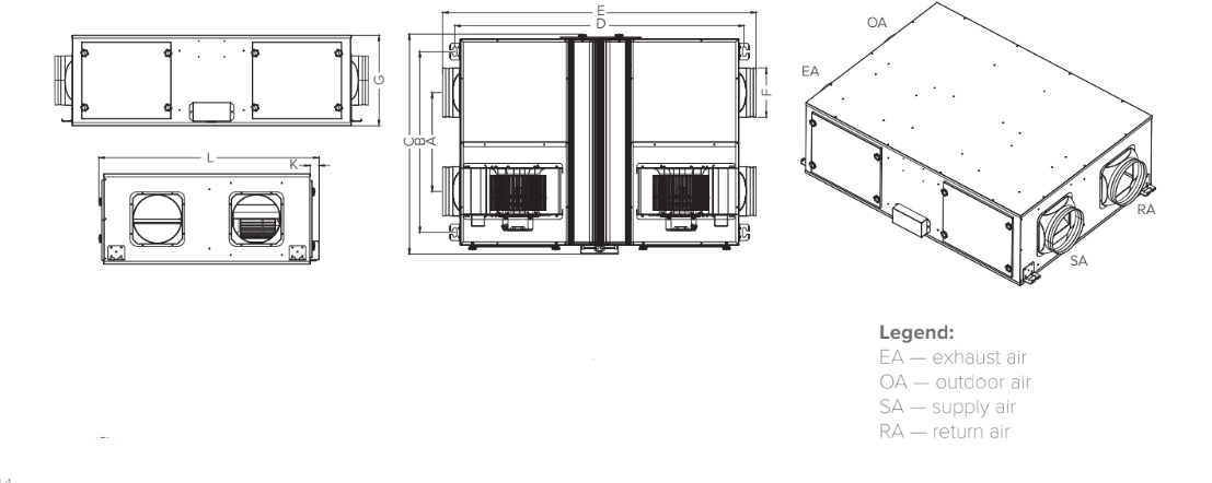 Dimensions of Mycond MVC-A series ventilation units, showcasing measurements for models MVC500-A to MVC2000-A.