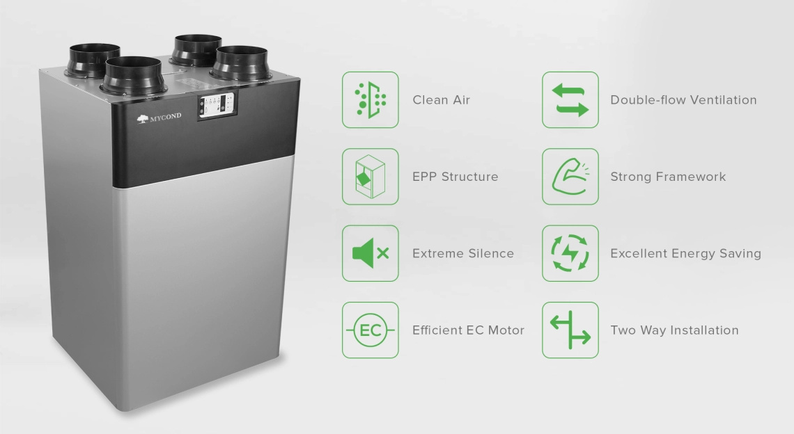 The MCFA series heat recovery ventilation unit with twin high-efficiency EC fans and counter-flow heat exchangers offers versatile control functions.