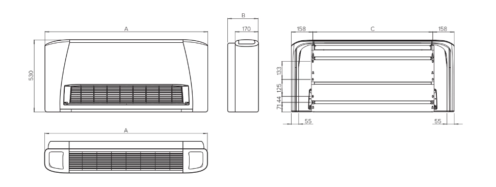 Diagram showing dimensions of SEC/F series fan coil units.