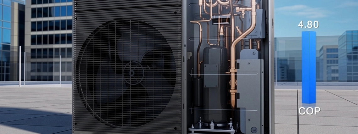 Mycond Aquaterra series heat pump internal components with high energy efficiency and COP up to 4.80
