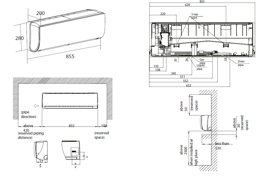 Dimensions of the DC fan motor for wall-mounted F-series units.