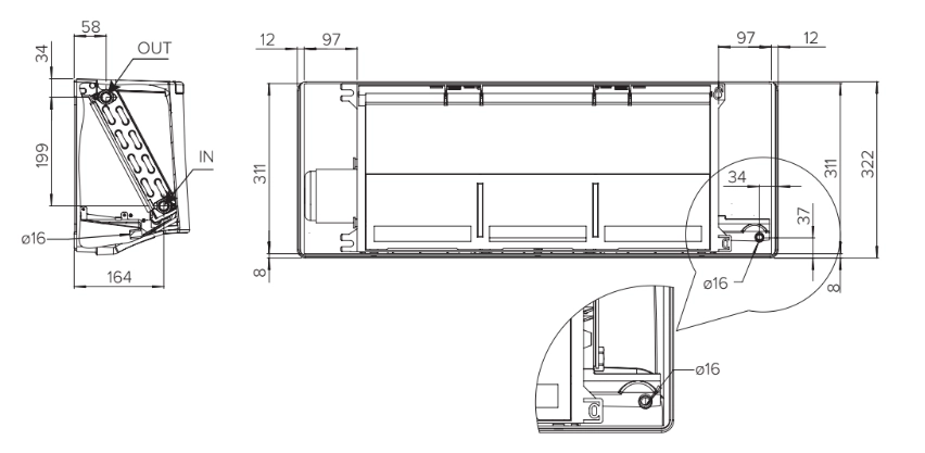 Dimensions of wall-mounted fan coil units from the FHW series.