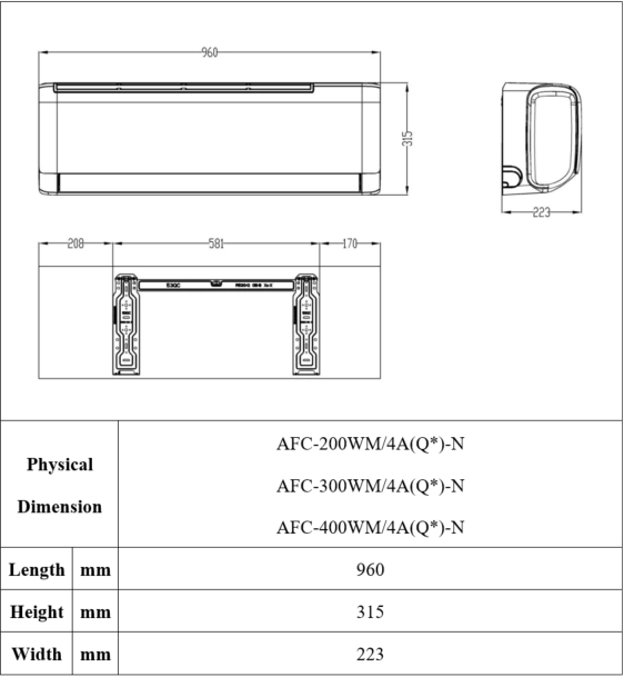Wall-mounted fan coil units MHW Q Overall dimensions 1