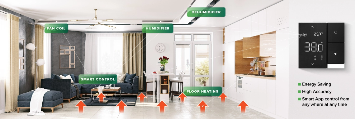 Wall-mounted Mycond Link humidistat with Wi-Fi and touch screen control for optimal room climate.