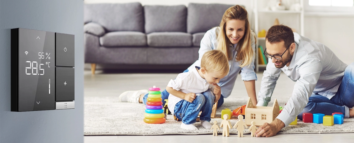 Wall-mounted humidistat Mycond Link with Wi-Fi connectivity and modern features for optimal air humidity control.