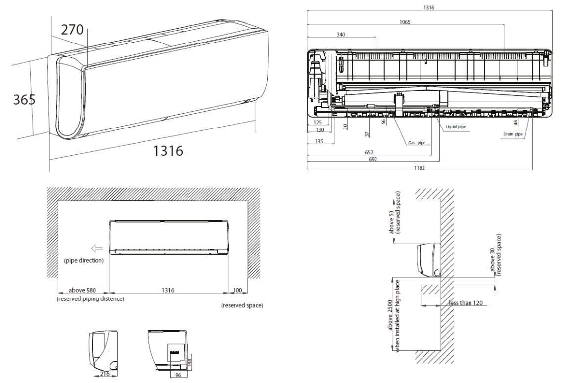 Dimensions and features of the Wall mounted N-series unit.