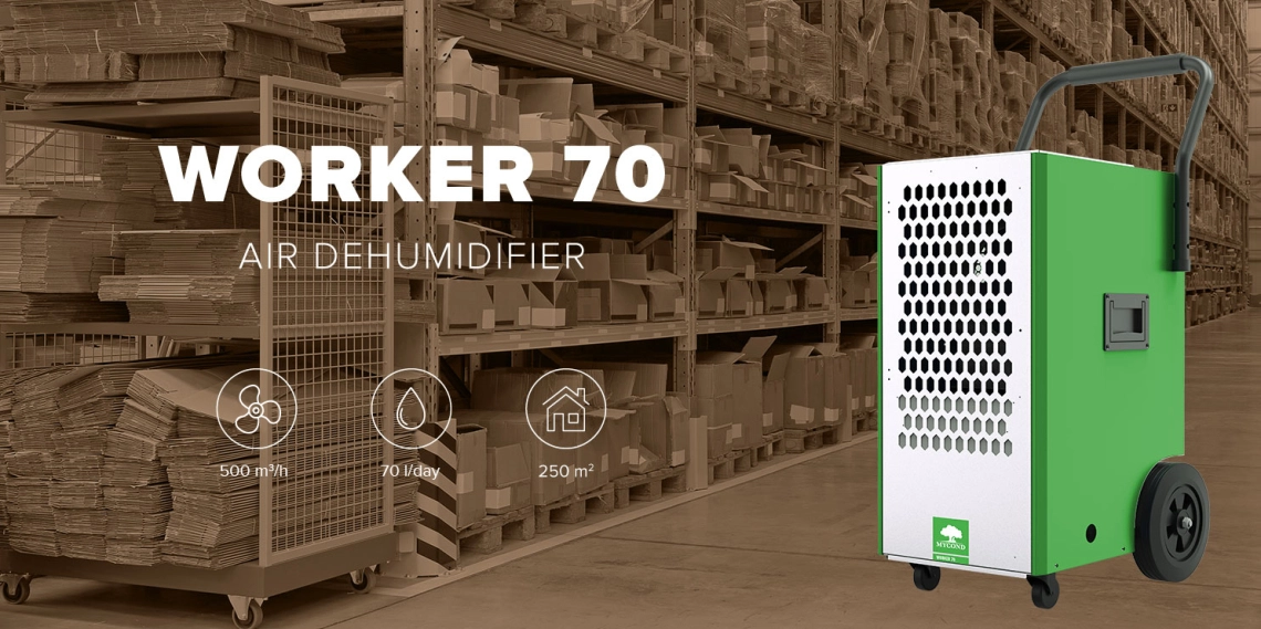 High capacity 70 litres dehumidifier from Worker series for commercial use.